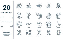Air Pollution Contamination Linear Icon Set. Includes Thin Line Lungs, Sad, Wind, Mask, Filter, Leak, Breath Icons For Report, Presentation, Diagram, Web Design