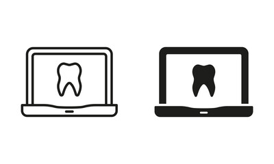 Canvas Print - Remote Dentist Help Pictogram Collection. Online Dentistry Silhouette and Line Icon Set. Virtual Consultation for Dental Care Symbol. Health Diagnosis in Laptop Sign. Isolated Vector Illustration