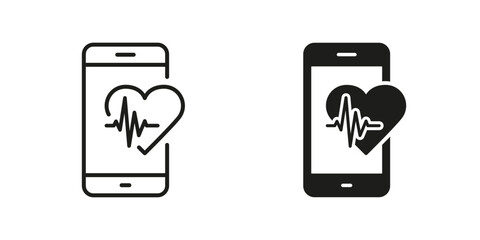 Poster - Heartbeat Rate in Smart Phone Line and Silhouette Black Icon Set. Mobile App for Sport. Heart Pulse Control in Smartphone. Modern Healthcare Technology Symbol Collection. Isolated Vector Illustration