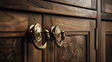 Old Wooden Cabinet With Brass Handle Detail Design Close Up Furniture Detail Ideas Concept,ai Generate