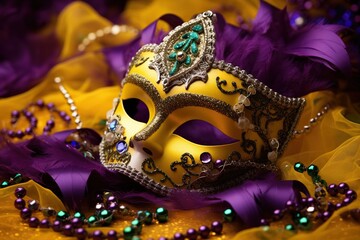 Purple and Yellow Carnival mask on Ribbons - Generative ai