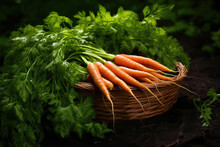 Wicker Basket Full Of Carrots On Green Leaves Background