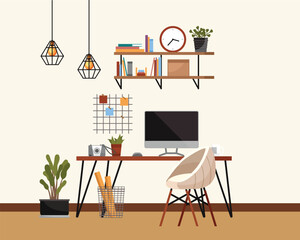 home office cabinet, living room interior concept. creative coworking center, desk and chair, modern