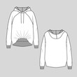 Womens hem Fashion raglan hoodie Sweatshirt cuff rib with gathering detail dip hem long sleeve cad mock up flat sketch technical drawing template design vector
