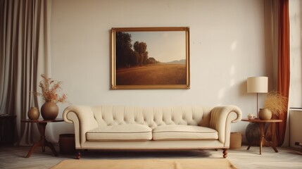 Poster - The vintage and antique interior design of beige tone color living room, front view, wallpaper, carpeted floor and fabric sofa.