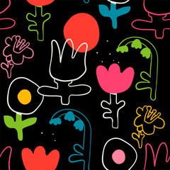 Wall Mural - various abstract outline flowers. quirky, unique elements. square seamless pattern. wallpaper, print