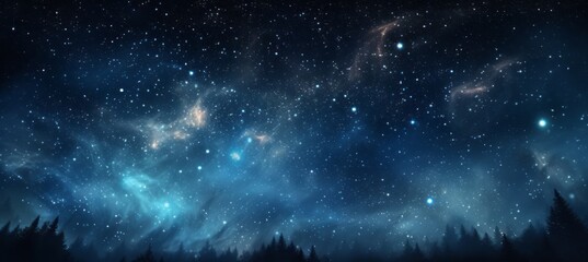Wall Mural - fantasy starry night space and forest landscape background. generative ai technology.
