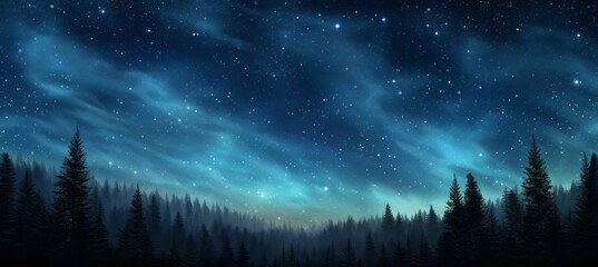 Wall Mural - nature forest landscape and starry aurora night blue space. generative ai technology.