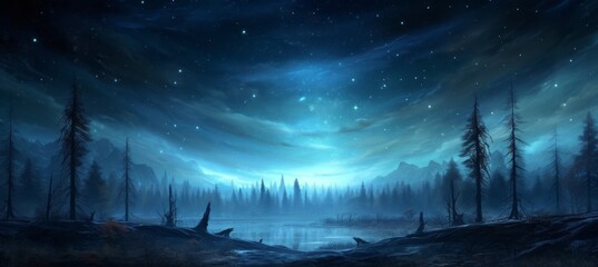 Wall Mural - foggy lake forest landscape and starry blue space. generative ai technology.