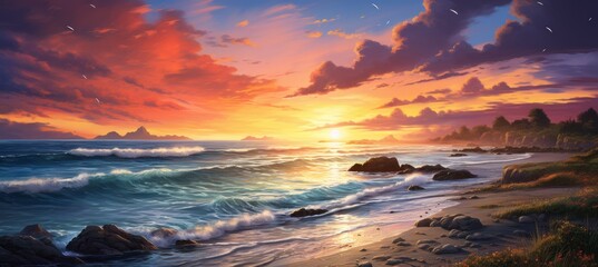 Wall Mural - Dawn sunset beach landscape art painting background. Generative AI technology.	