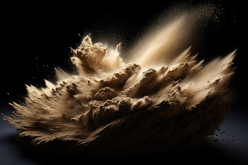 dynamic explosion of dry river sand on black background. generative ai