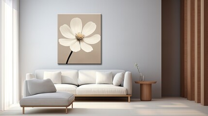 Poster -  a living room with a white couch and a large flower on the wall.  generative ai