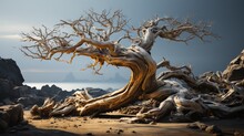  A Tree That Is Standing In The Dirt Near Rocks And Water.  Generative Ai
