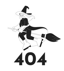 Fototapete - Witch on broomstick black white error 404 flash message. Mystery character. Empty state ui design. Page not found popup cartoon image. Vector flat illustration concept on white background