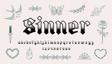 "Sinner"  Y2k Neo Gothic Tattoo Art Font Type. Aesthetic 2000s Gothic Punk Style Font. Y2k Tattoo Line Art Set Of Butterfly, Rose, Snake, Heart Chain. Vintage Goth Style Tattoo Vector Font Type Design