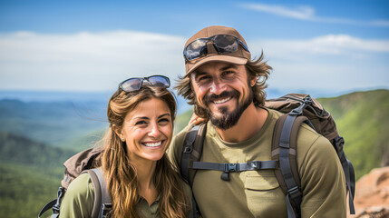 Wall Mural - Smiling hiking couple dressed in mountain clothes, sunglasses and backpacks. Concept of hiking, trekking, nature and couple plans