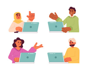 Poster - Busy workers semi flat color vector characters pack. Editable half body multicultural office workers on white. Simple cartoon spot illustration for web graphic design