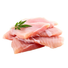 Poster - Raw chicken fillet. Small pieces of meat isolated on white.