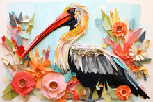 Abstract Collage Of Pelican And 3D Flowers 