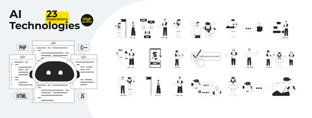 Poster - AI technologies bw concept vector spot illustrations bundle. Automation. People and robot 2D cartoon flat line monochromatic characters for web UI design. Editable hero image collection