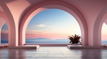  A Room With Arches And A Potted Plant In The Center.  Generative Ai
