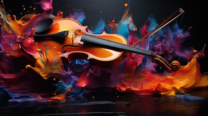 Wall Mural -  a violin with colorful paint splashing on it's body.  generative ai