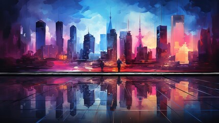 Wall Mural -  a painting of a man standing in front of a cityscape.  generative ai