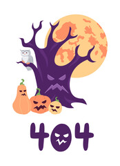 Fototapete - Halloween tree with scary pumpkins, full moon error 404 flash message. Spooky forest. Empty state ui design. Page not found popup cartoon image. Vector flat illustration concept on white background