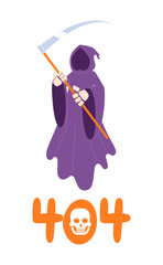 Fototapete - Halloween death error 404 flash message. Grim reaper holding scythe. Spirit Helloween. Empty state ui design. Page not found popup cartoon image. Vector flat illustration concept on white background