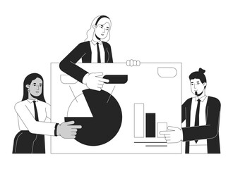 Poster - Presentation businesspeople bw concept vector spot illustration. Partnership three people 2D cartoon flat line monochromatic characters for web UI design. Teamwork editable isolated outline hero image