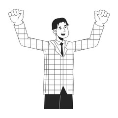 Fototapete - Asian office worker with hands up flat line black white vector character. Editable outline half body person. Man in plaid suit jacket simple cartoon isolated spot illustration for web graphic design