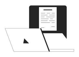 Poster - Notification message on laptop flat monochrome isolated vector object. Laptop computer office. Editable black and white line art drawing. Simple outline spot illustration for web graphic design