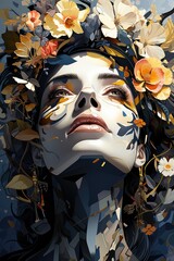 Wall Mural - A painting of a woman with flowers in her hair. Generative AI. .