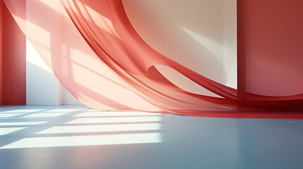  a room with a red curtain and a white wall and floor.  generative ai