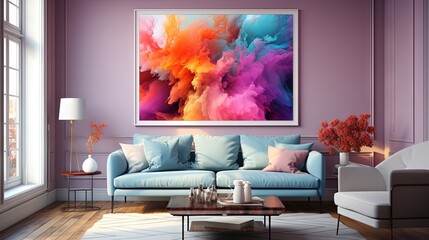 Poster -  a living room with a couch and a painting on the wall.  generative ai