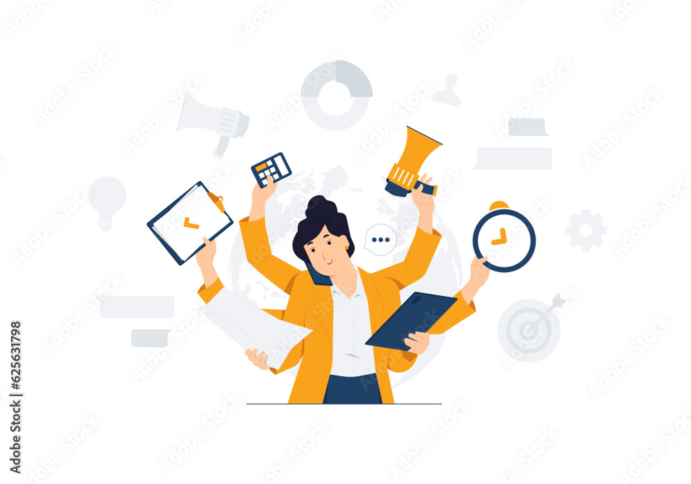 Multitasking, works simultaneously, efficient, time management project, workload balance, busy businesswoman activities with many hands and several objects concept illustration