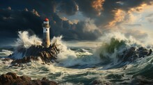  A Painting Of A Lighthouse In The Middle Of The Ocean.  Generative Ai