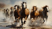  A Painting Of A Group Of Horses Running In The Water.  Generative Ai