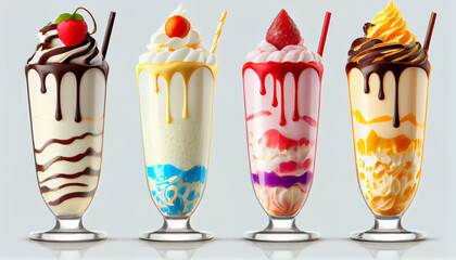 Ice cream in a glass, Set of milk shakes with cream in tall glass glass decorated with fruits of various flavors on white table and isolated colored background. in front. Ai generated image