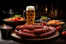 Juicy Munich Sausages, A Glass Of Cold Beer And Tasty Snacks