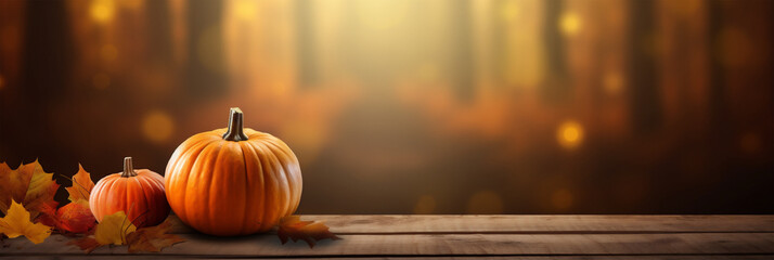 Wall Mural - pumpkins and autumn leaves on wooden planks with copy space, autumnal forest background, fall, hallo