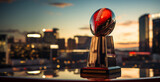 Fototapeta  - A realistic American football championship cup in the form of a ball stands on a mirror table against the backdrop of an evening city. Copy space. Ai