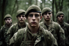 Generative AI Illustration Of Group Of Emotionless Young Soldiers In Military Uniform Standing In A Forest And Looking At Camera
