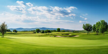 Panoramic View Of Golf Course. Golf Field With A Rich Green Turf Beautiful Scenery. Generative AI