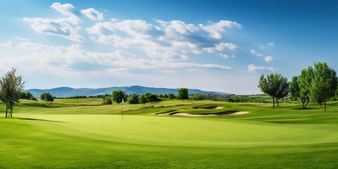 Panoramic view of Golf Course. Golf field with a rich green turf beautiful scenery. Generative AI