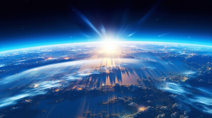 Wall Mural - Panoramic view on planet Earth globe from space. Glowing city lights, light clouds. Generative AI