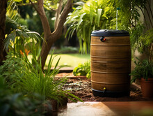 A Rain Barrel Collecting Water, Garden In The Background, Symbolizing Water Conservation, Afternoon Light
