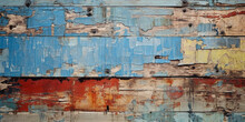 Textured Patterns Of Old, Distressed, Multi - Colored Peeling Paint On A Wooden Surface, Vibrant, Grungy, Urban Decay