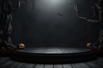 Wall Mural - dark empty podium, mock up placement display, blank stand for cosmetic product fashion ads on minimal dark Halloween background