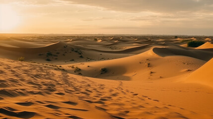 Panorama banner of sand dunes Sahara Desert at sunset. Endless dunes of yellow sand.